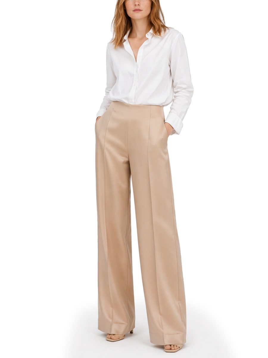 Alberta Ferretti Silk Straight Leg Creases Trousers Neutraal