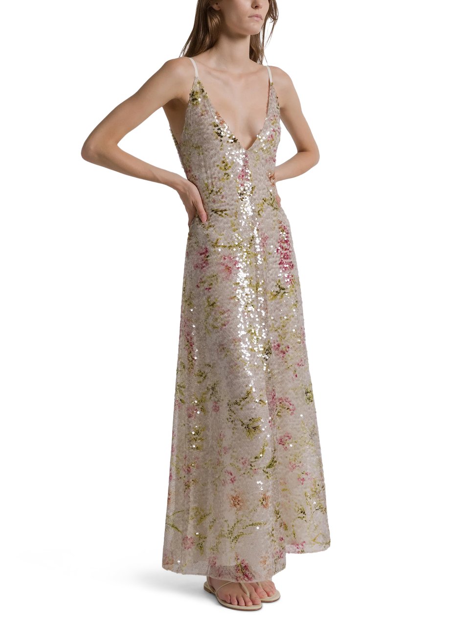 Alberta Ferretti Floral Sequined Maxi Dress with Spaghetti Straps Roze