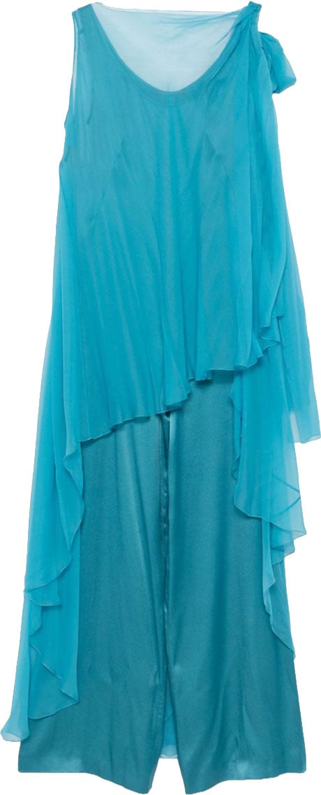 Alberta Ferretti Flowing Silk Jumpsuit with Asymmetrical Overlay Blauw