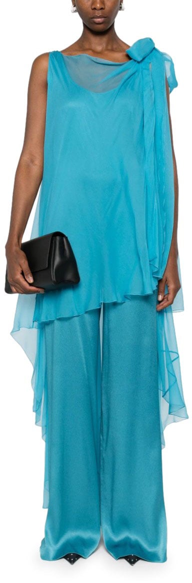 Alberta Ferretti Flowing Silk Jumpsuit with Asymmetrical Overlay Blauw
