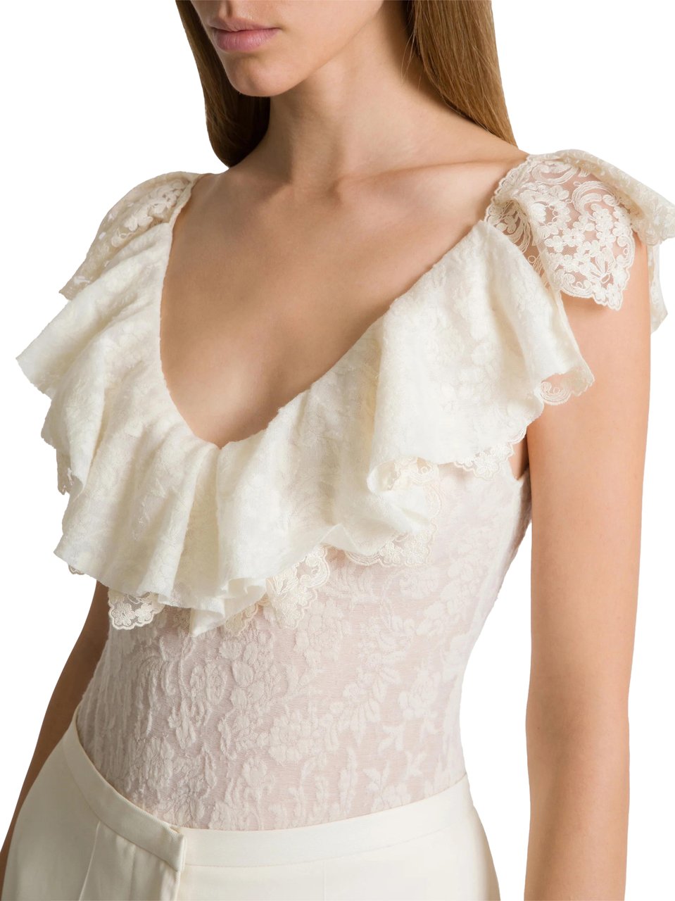 Alberta Ferretti Fitted V-Neck Bodysuit with Ruffled Lace Trim Wit