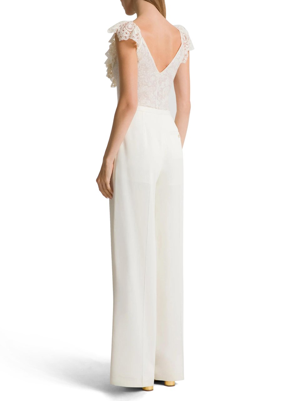 Alberta Ferretti Fitted V-Neck Bodysuit with Ruffled Lace Trim Wit