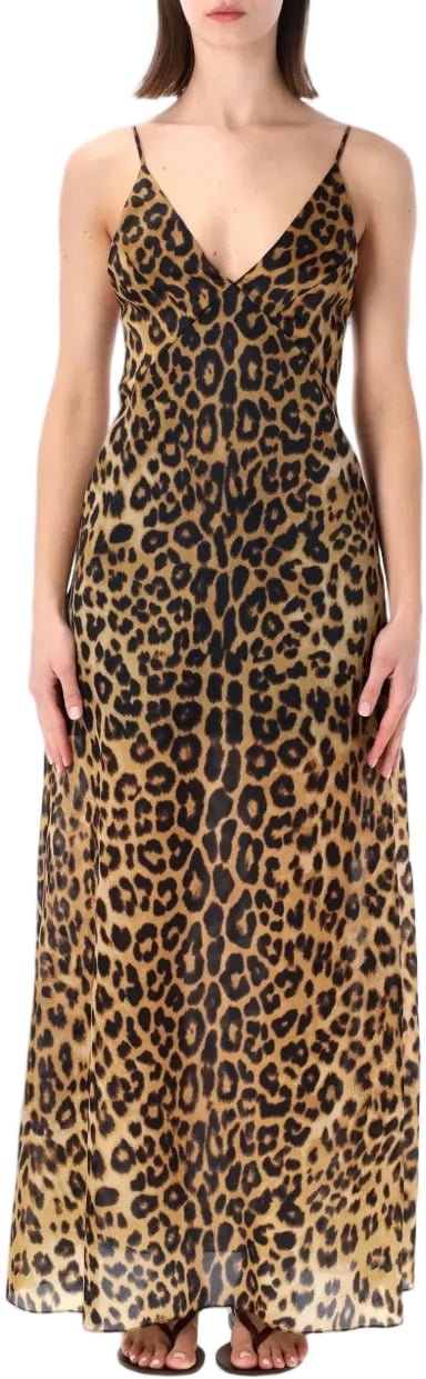 Alberta Ferretti Maxi Dress with Bold Leopard Print and Spaghetti Straps Bruin