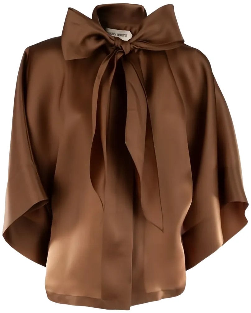 Alberta Ferretti Satin Brown Blouse with Oversized Bow Tie and Boxy Silhouette Bruin