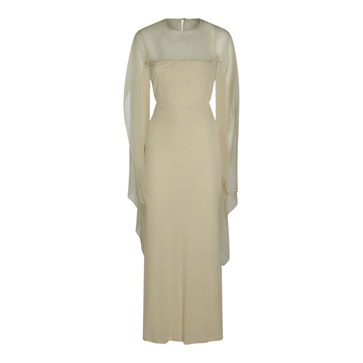 Alberta Ferretti Fitted Maxi Dress With Sheer Overlay And Flowing Sleeves Neutraal