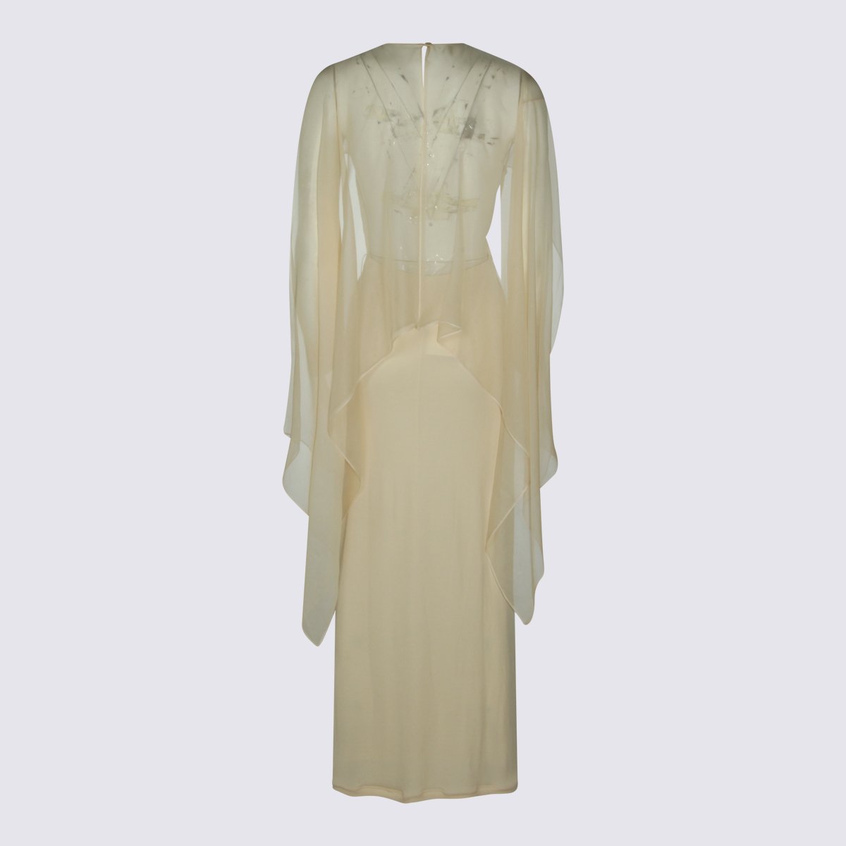 Alberta Ferretti Fitted Maxi Dress With Sheer Overlay And Flowing Sleeves Neutraal