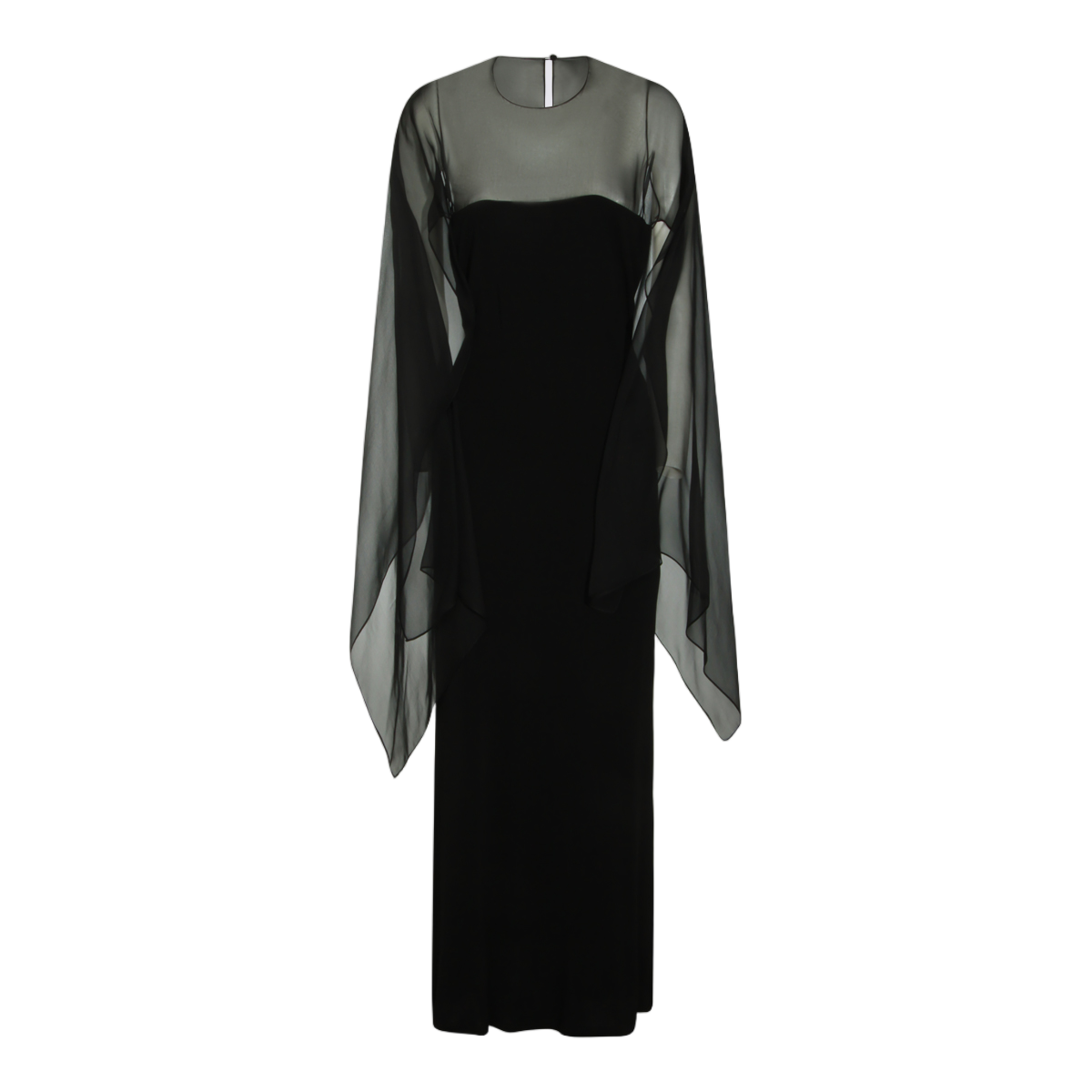 Alberta Ferretti Fitted Black Dress With Sheer Overlay And Flowing Sleeves Zwart