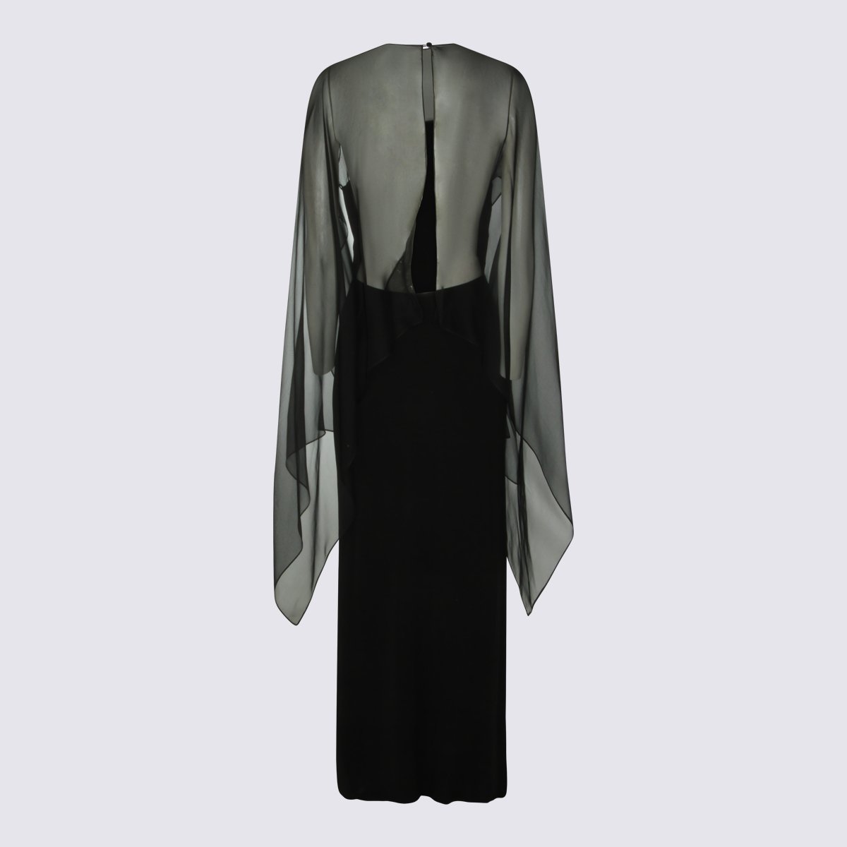 Alberta Ferretti Fitted Black Dress With Sheer Overlay And Flowing Sleeves Zwart