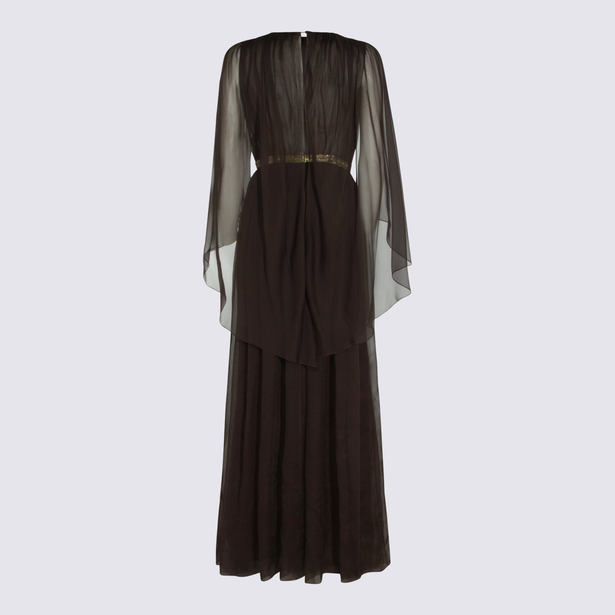 Alberta Ferretti Maxi Dress With Deep V-Neckline And Sheer Sleeves Zwart