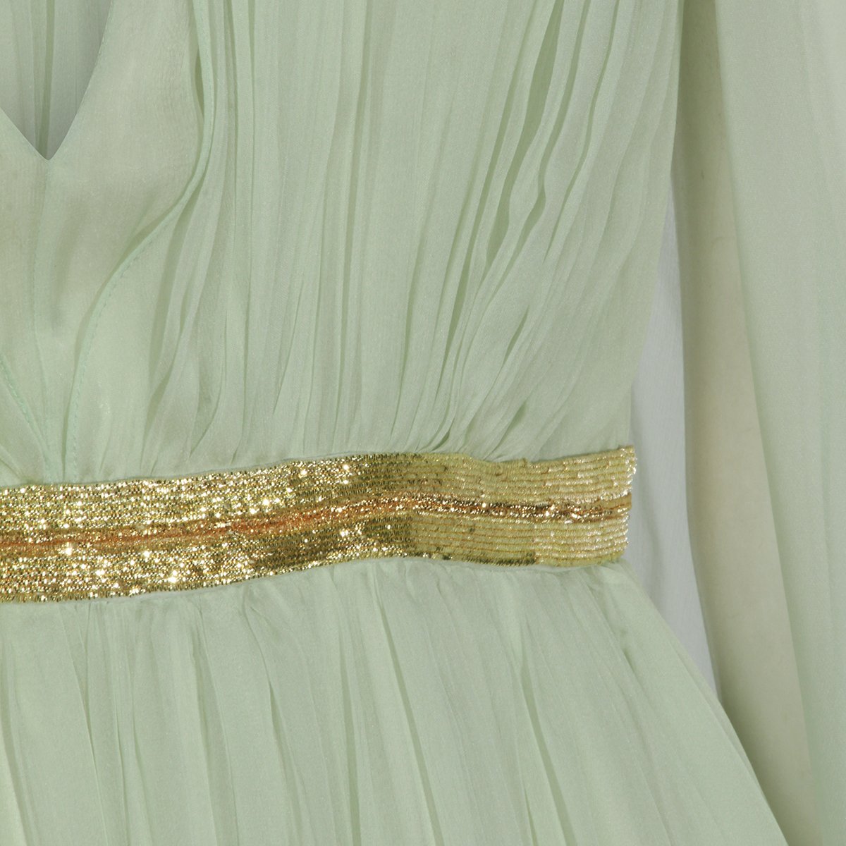 Alberta Ferretti Maxi Dress With Sheer Draped Sleeves And Gold Belt Groen
