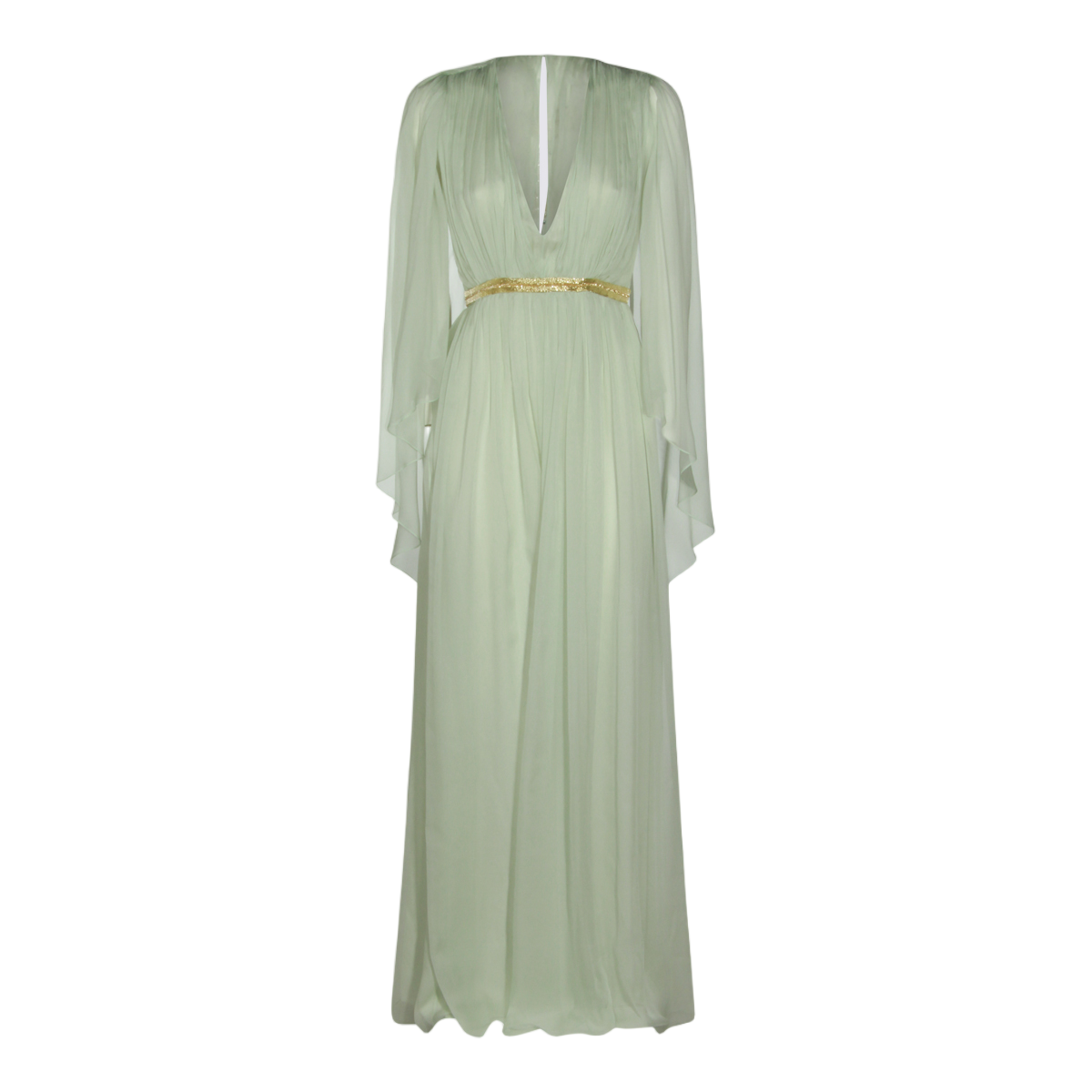 Alberta Ferretti Maxi Dress With Sheer Draped Sleeves And Gold Belt Groen