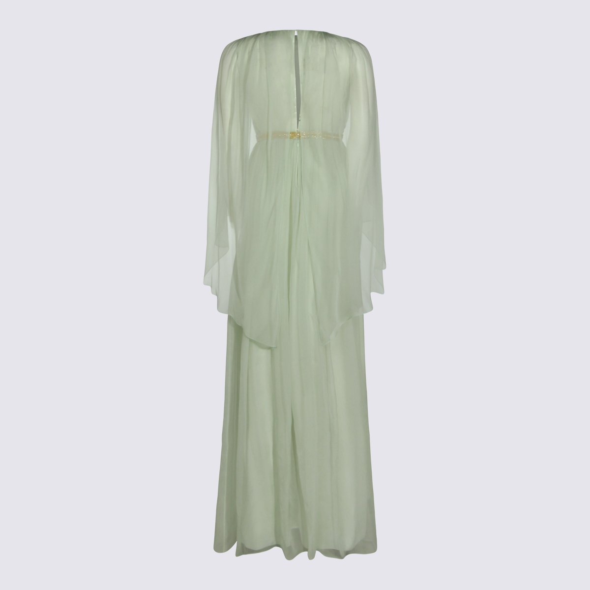 Alberta Ferretti Maxi Dress With Sheer Draped Sleeves And Gold Belt Groen