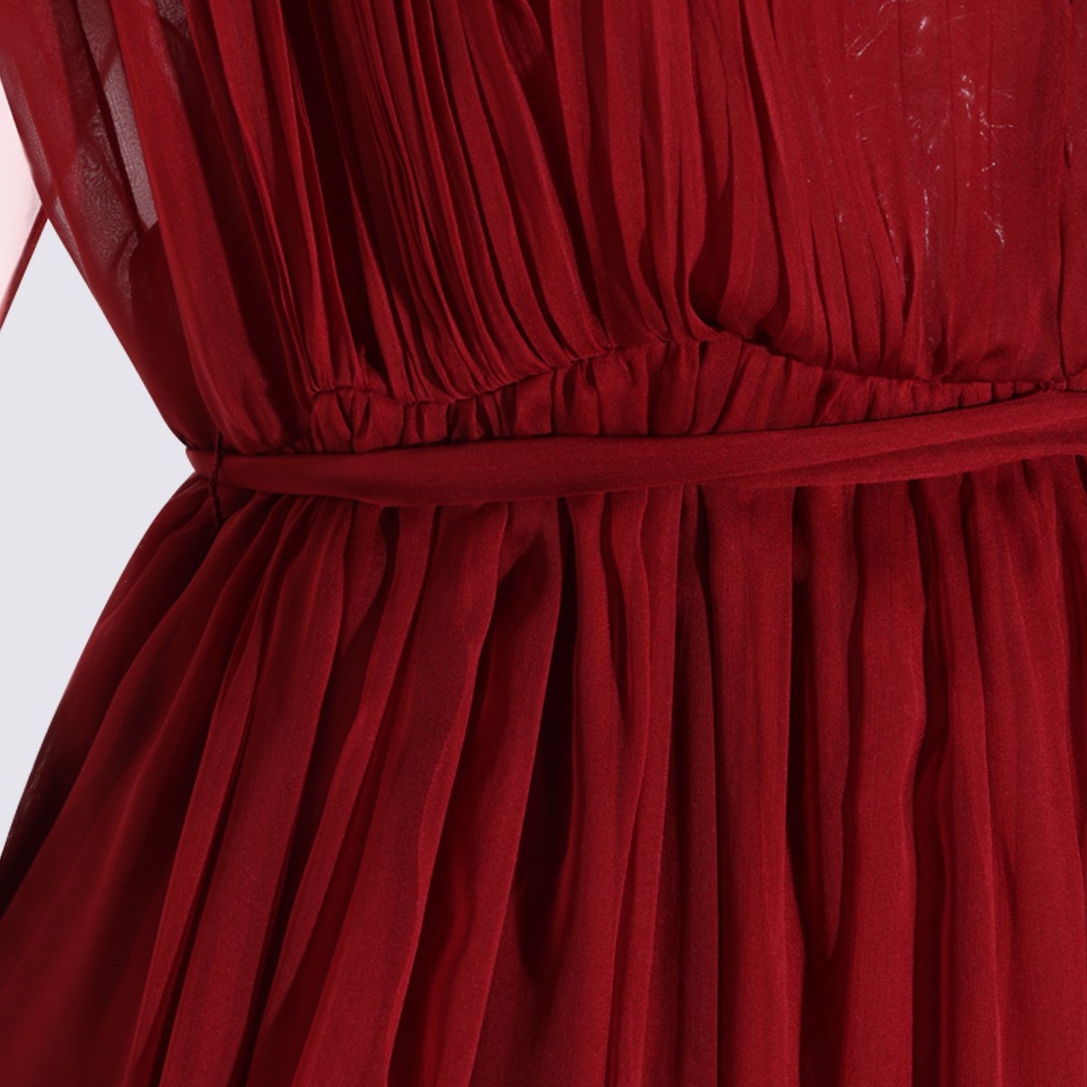 Alberta Ferretti Deep V-Neck Maxi Dress With Sheer Sleeves And Pleated Bodice Rood
