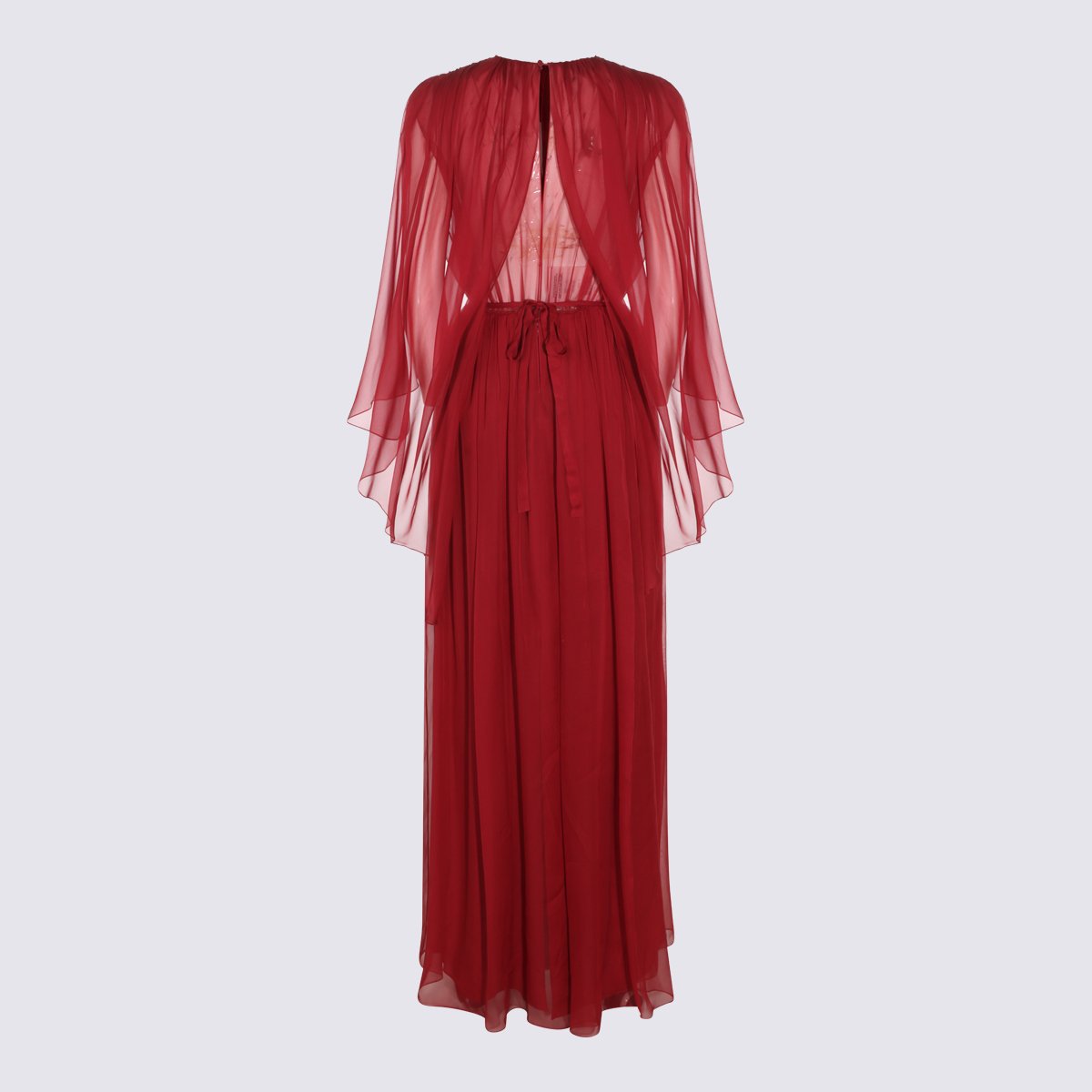 Alberta Ferretti Deep V-Neck Maxi Dress With Sheer Sleeves And Pleated Bodice Rood