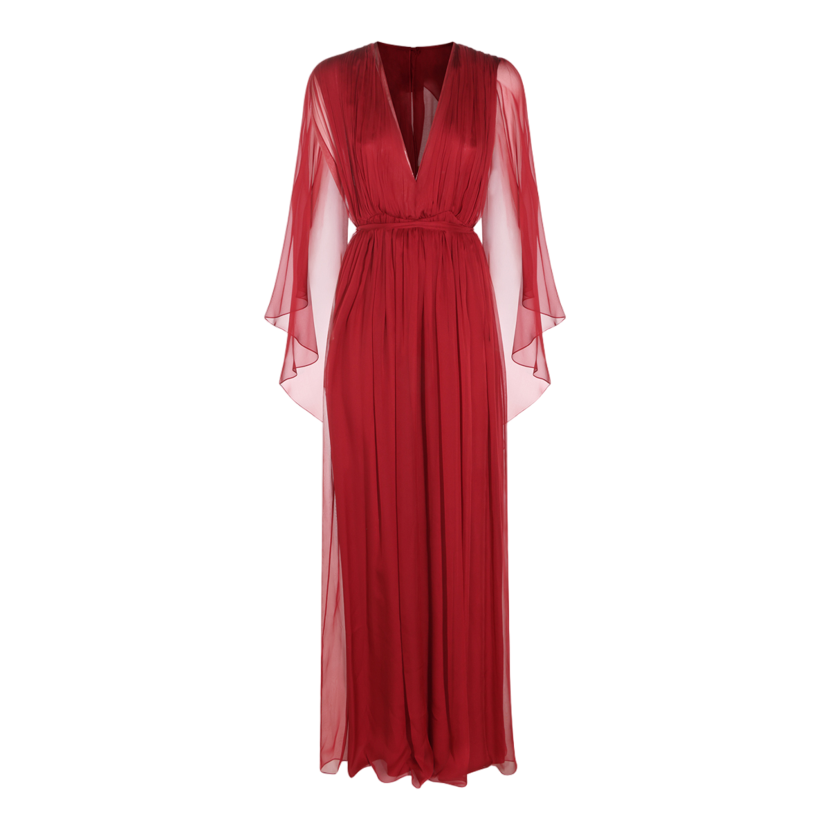 Alberta Ferretti Deep V-Neck Maxi Dress With Sheer Sleeves And Pleated Bodice Rood