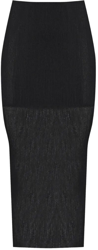 Alberta Ferretti Ribbed Knit Midi Skirt with Semi-Sheer Flare Zwart