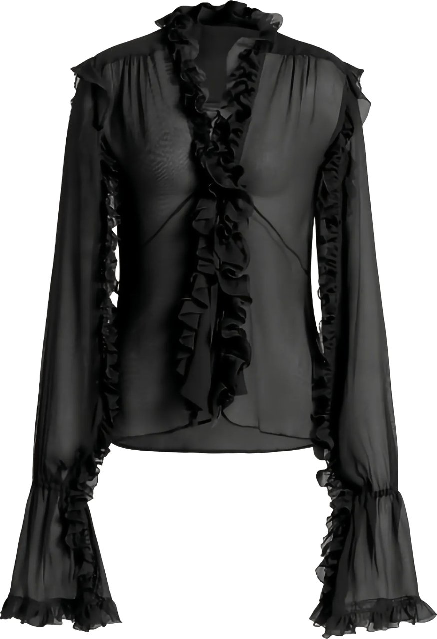 Alberta Ferretti Black Sheer Ruffled Silk Blouse Zwart
