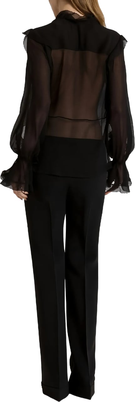 Alberta Ferretti Black Sheer Ruffled Silk Blouse Zwart