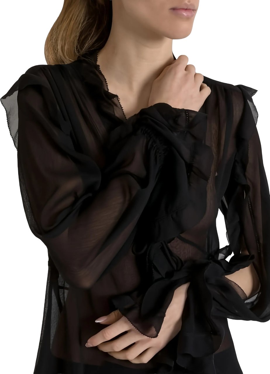 Alberta Ferretti Black Sheer Ruffled Silk Blouse Zwart