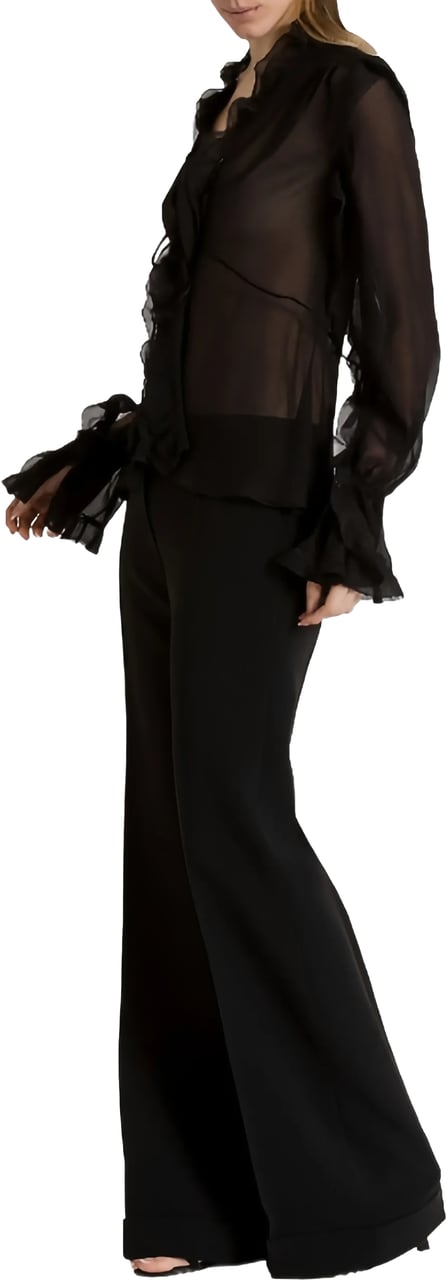 Alberta Ferretti Black Sheer Ruffled Silk Blouse Zwart