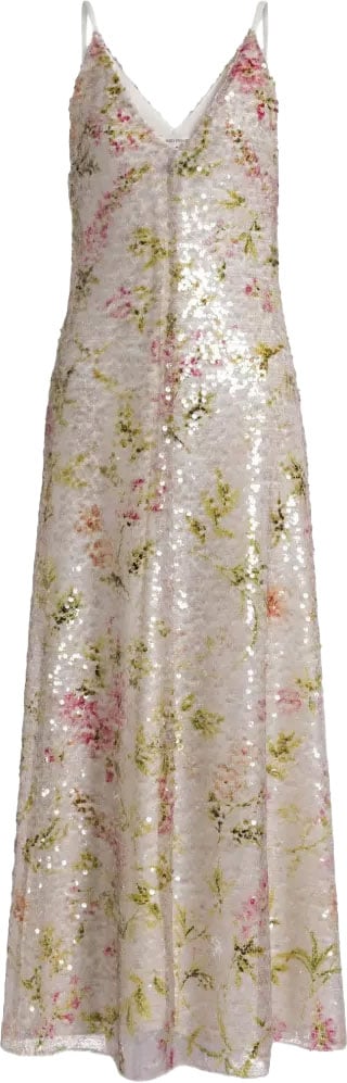 Alberta Ferretti V-neck Midi Dress with Sequined Floral Design Neutraal