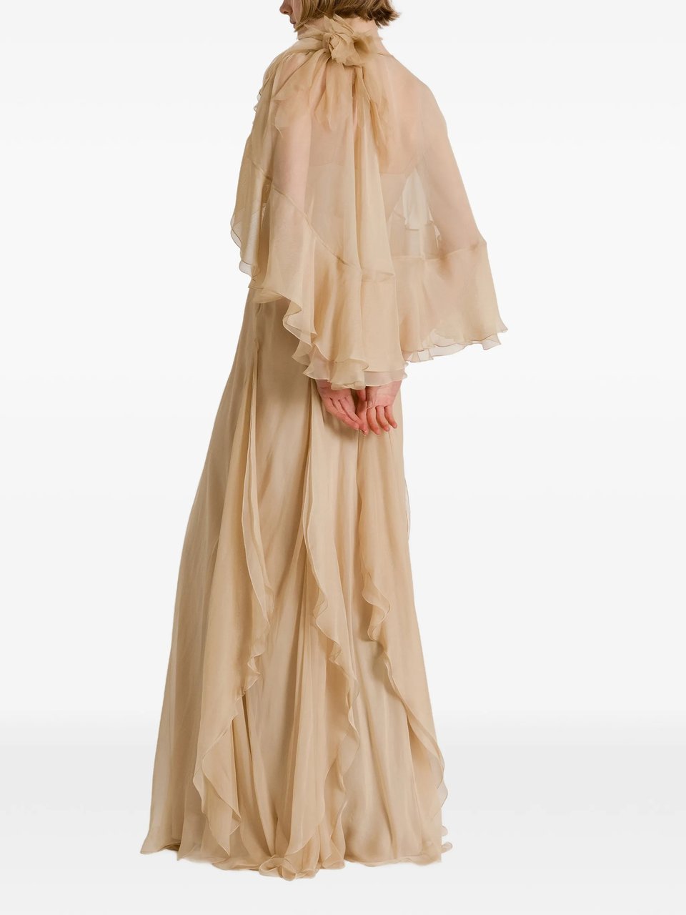 Alberta Ferretti Flowing Maxi Dress With Sheer Overlay And Ruffled Edges Neutraal