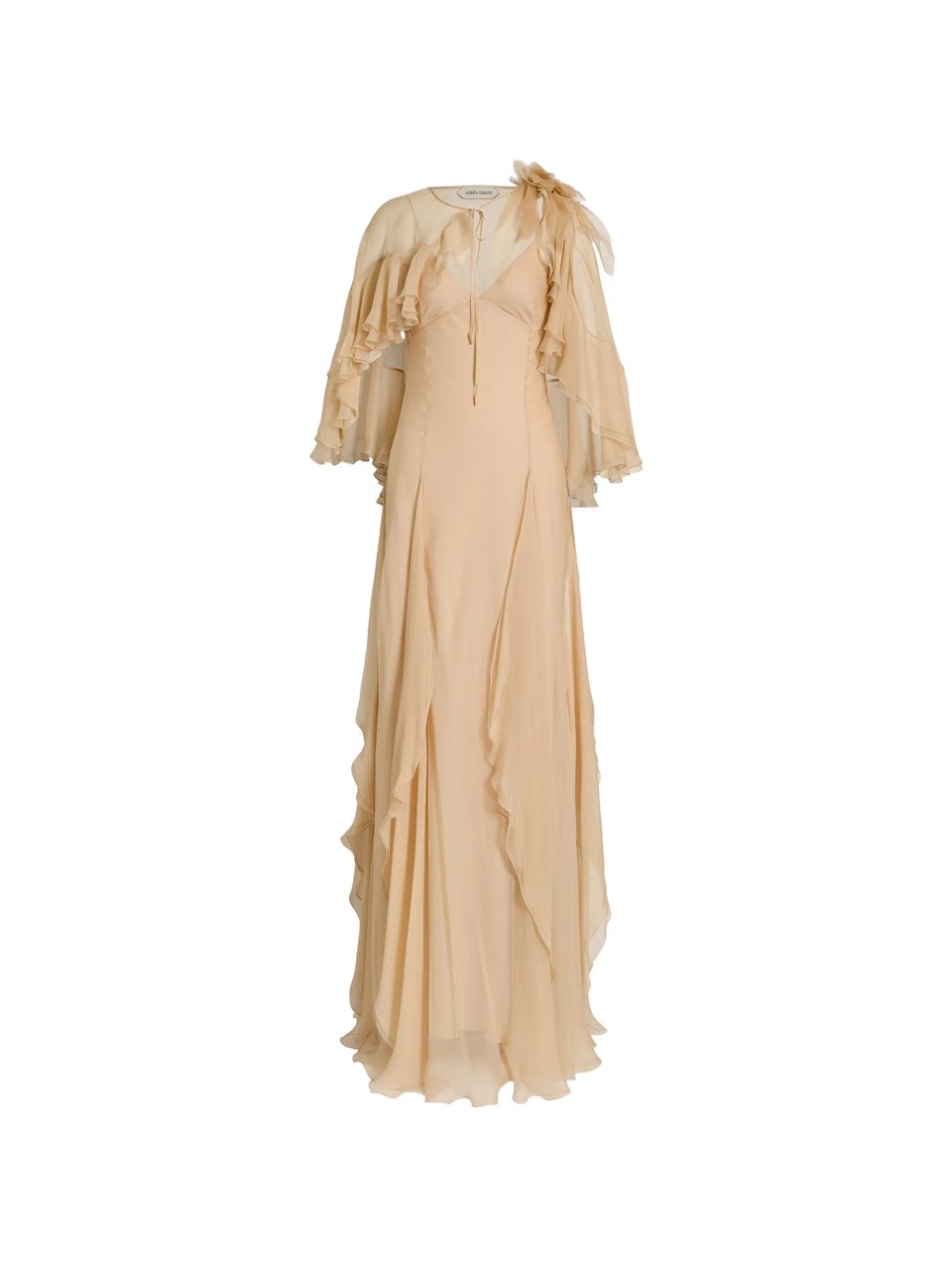 Alberta Ferretti Flowing Maxi Dress With Sheer Overlay And Ruffled Edges Neutraal