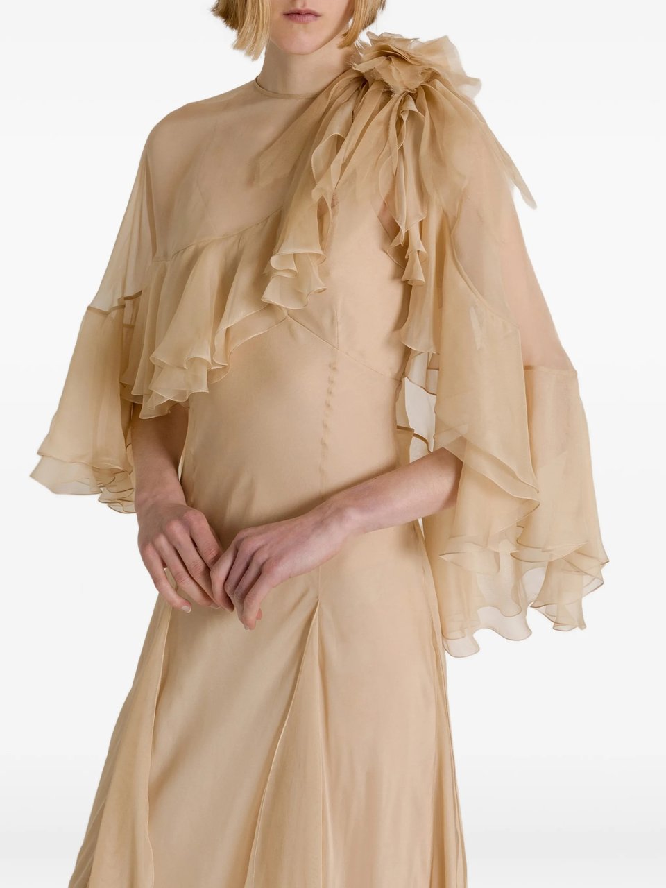 Alberta Ferretti Flowing Maxi Dress With Sheer Overlay And Ruffled Edges Neutraal