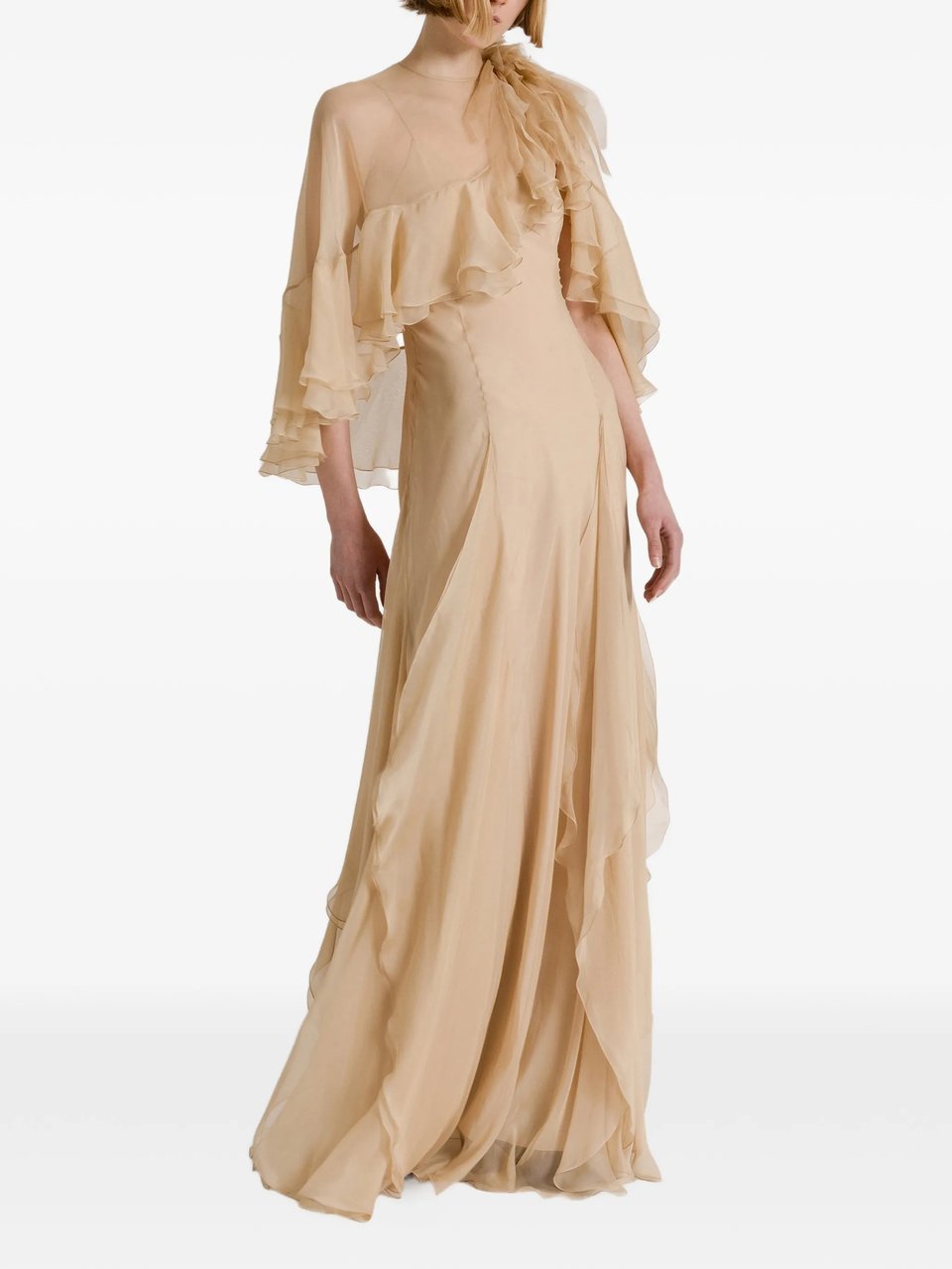 Alberta Ferretti Flowing Maxi Dress With Sheer Overlay And Ruffled Edges Neutraal