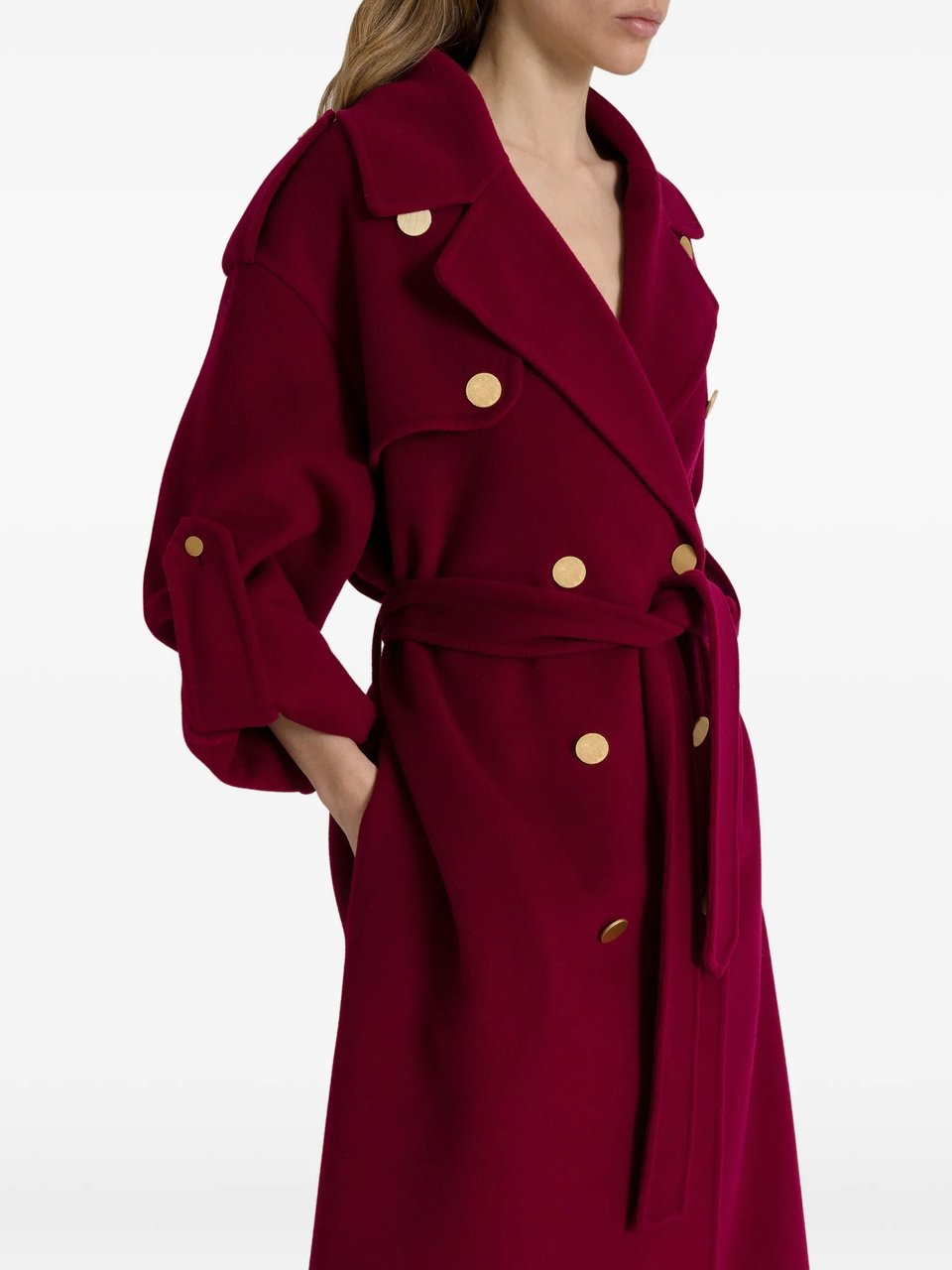 Alberta Ferretti Double-Breasted Long Coat with Cape Overlay Detail Rood