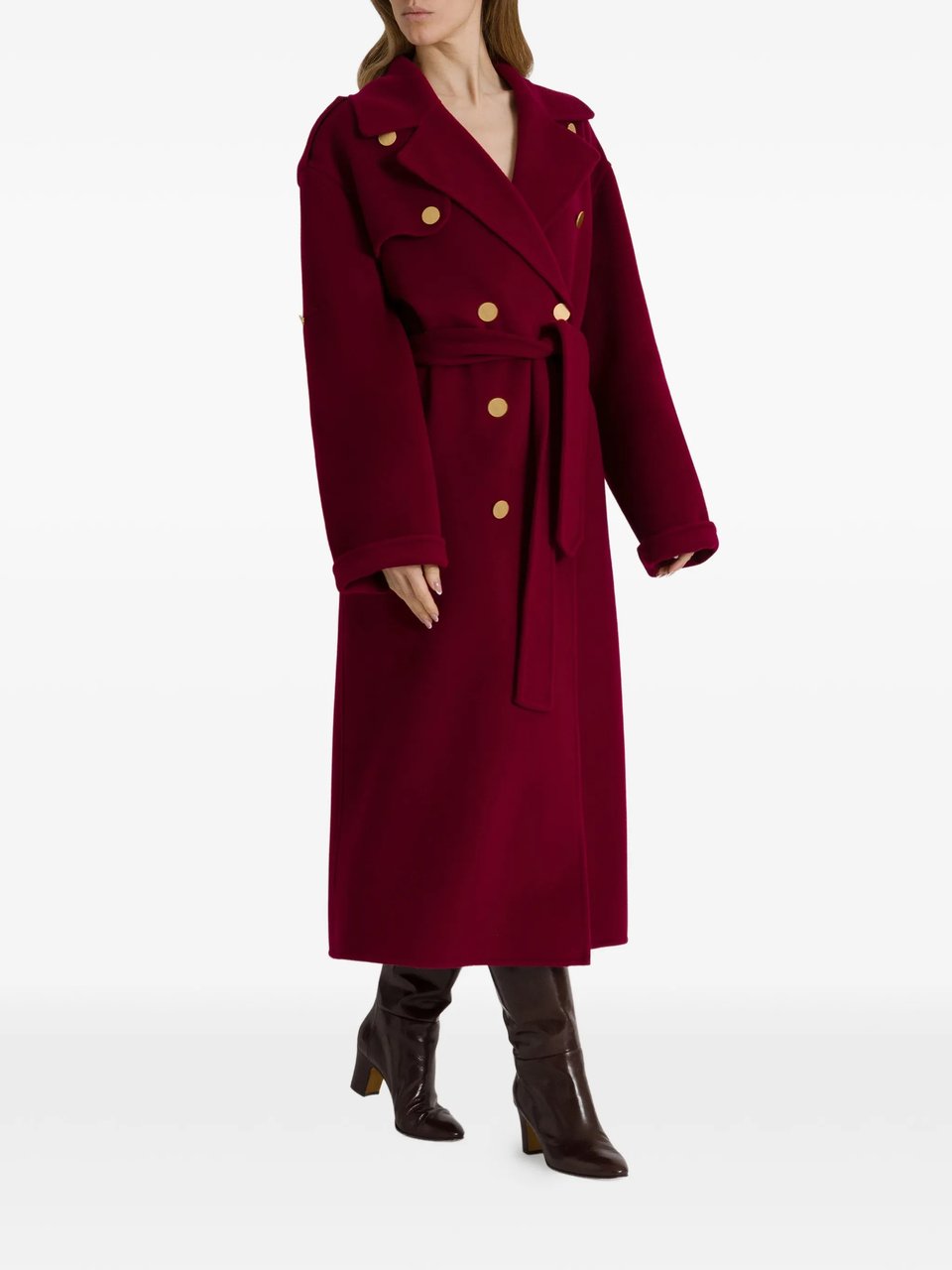 Alberta Ferretti Double-Breasted Long Coat with Cape Overlay Detail Rood