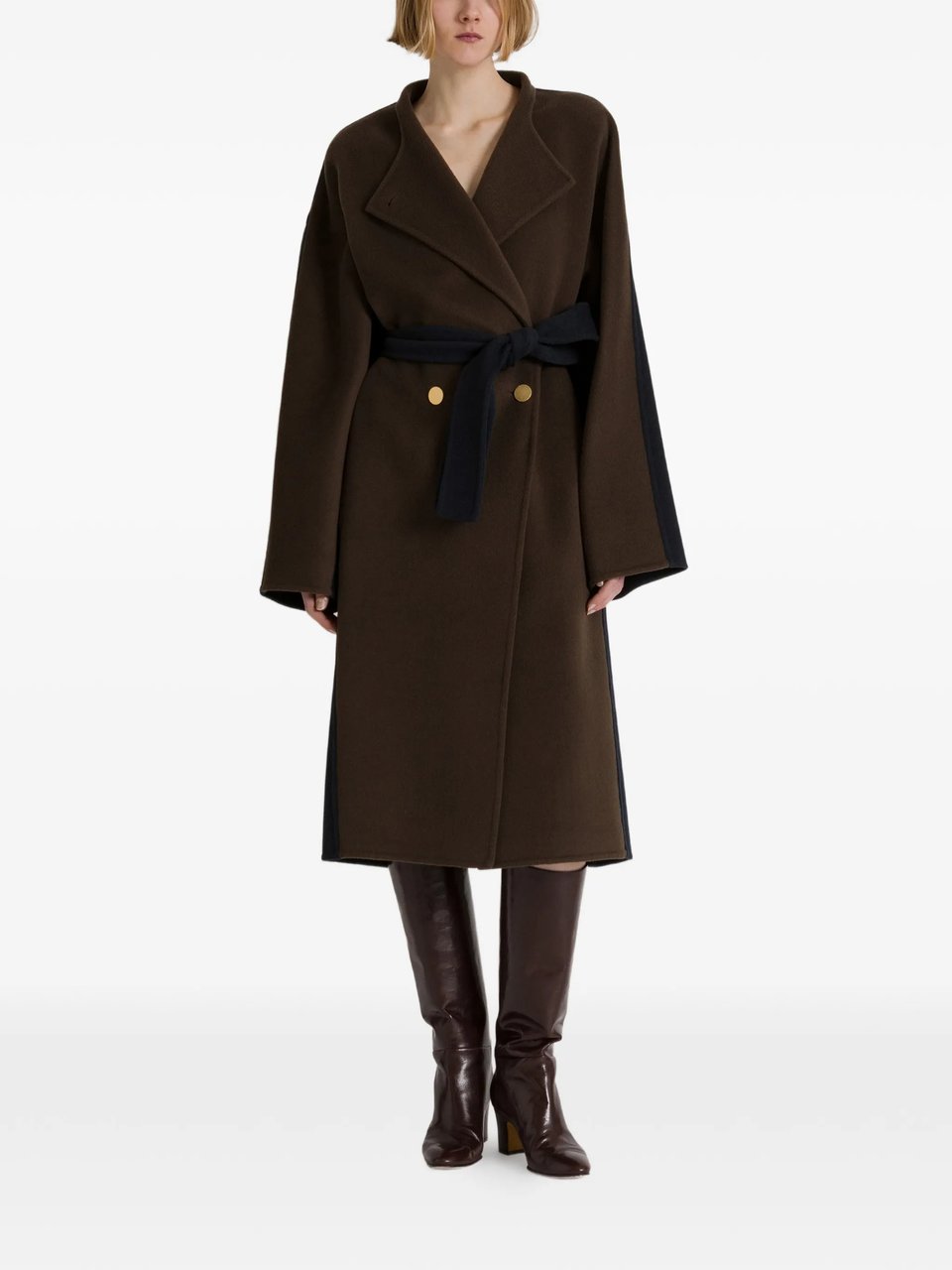Alberta Ferretti Long Wool Coat with Wrap Design and Contrasting Belt Zwart