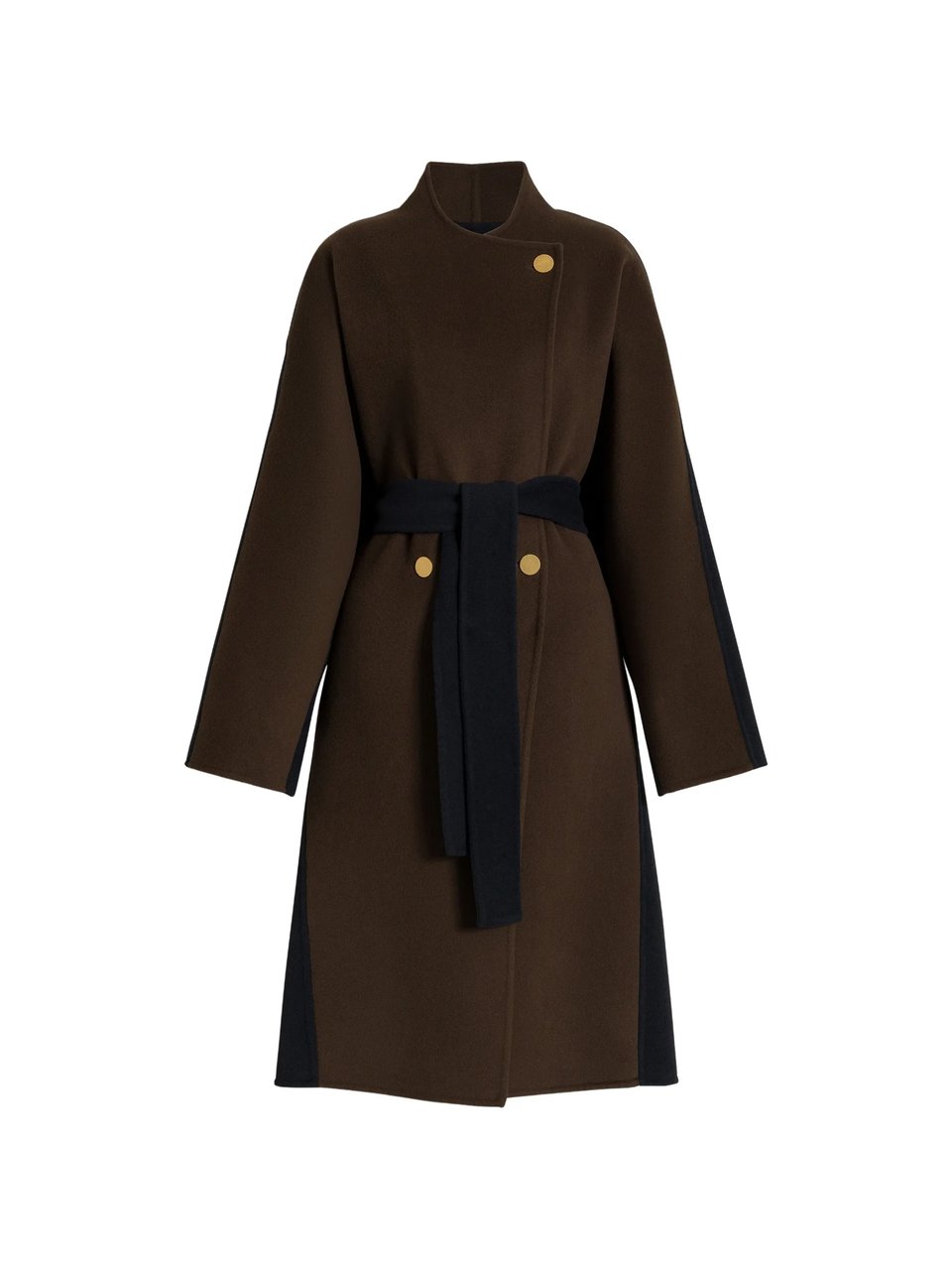 Alberta Ferretti Long Wool Coat with Wrap Design and Contrasting Belt Zwart