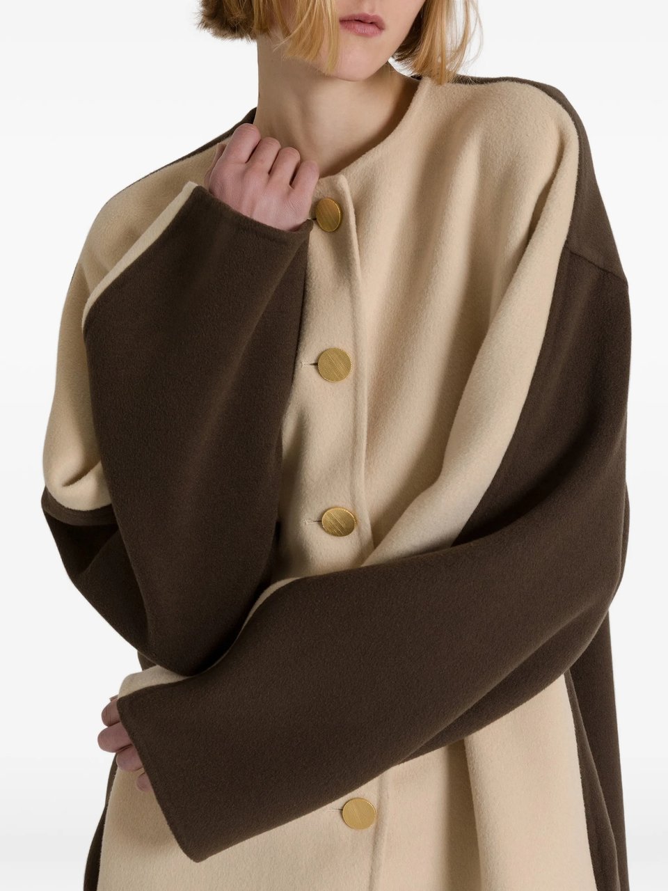 Alberta Ferretti Long Two-Tone Wool Coat with Gold-Tone Buttons Neutraal