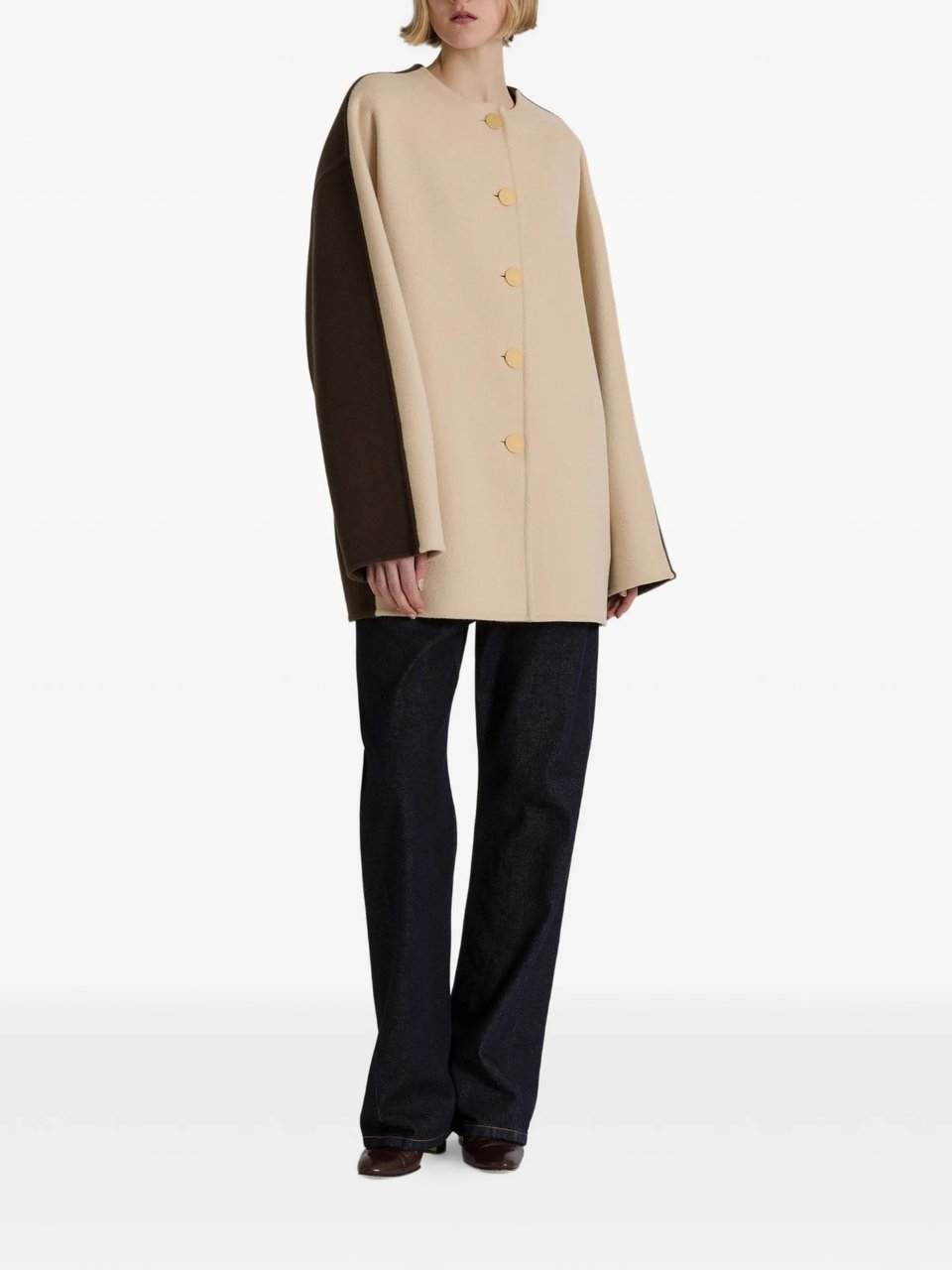 Alberta Ferretti Long Two-Tone Wool Coat with Gold-Tone Buttons Neutraal