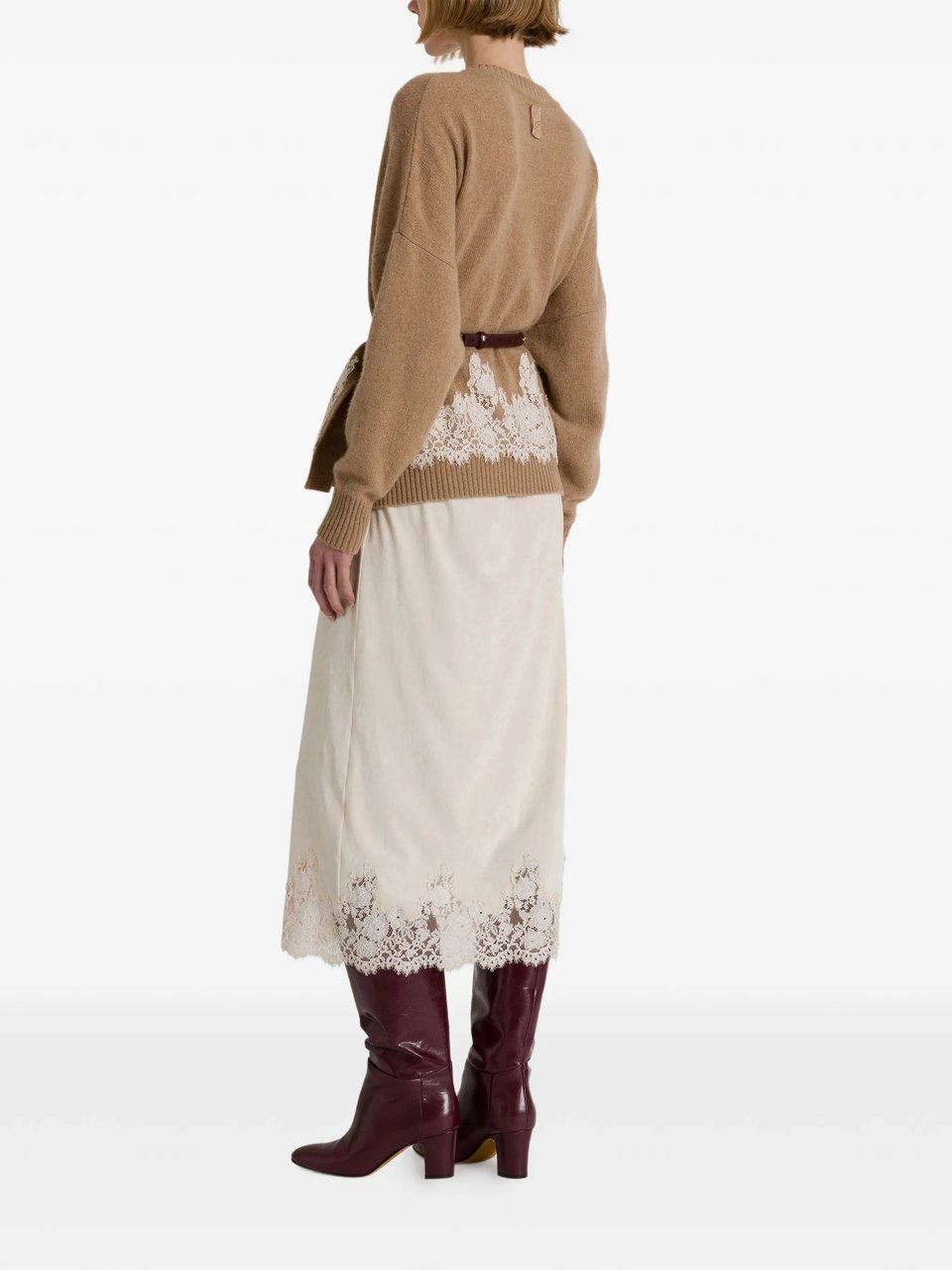 Alberta Ferretti Camel Cashmere Lace Cardigan Bruin