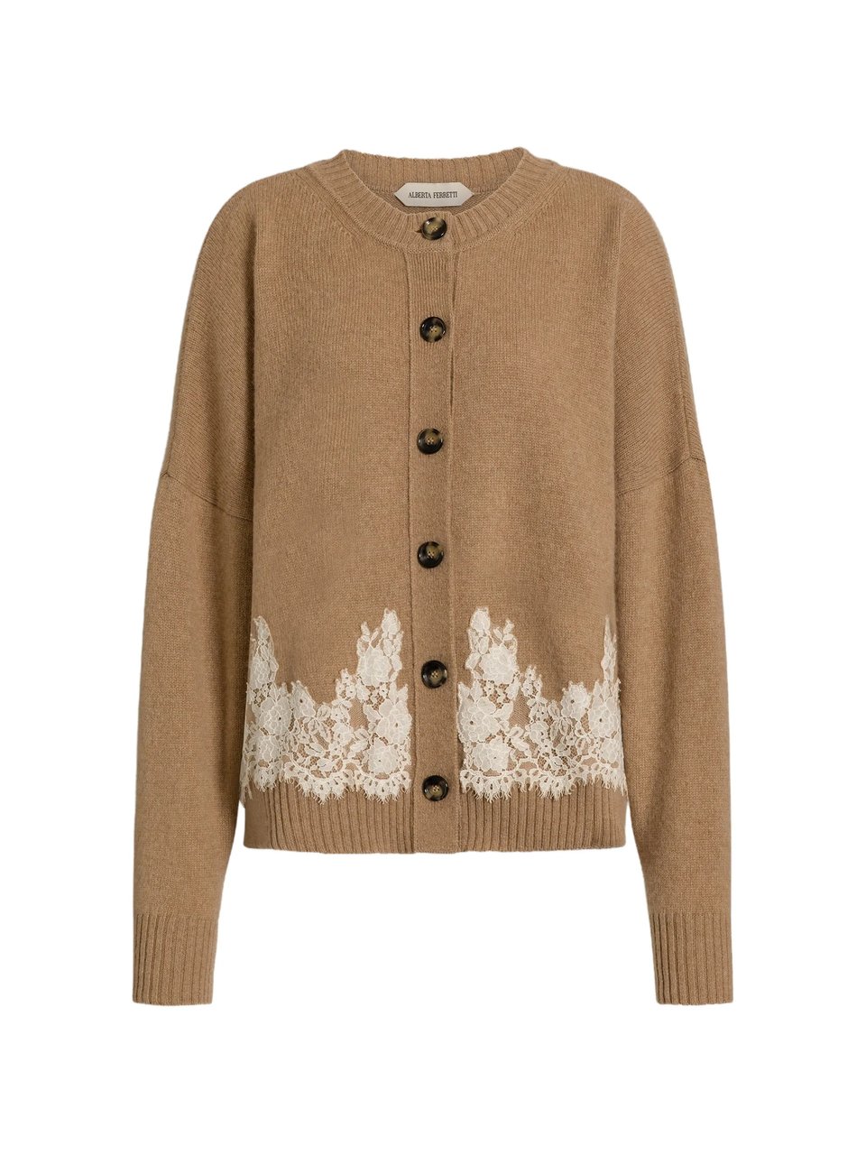Alberta Ferretti Camel Cashmere Lace Cardigan Bruin
