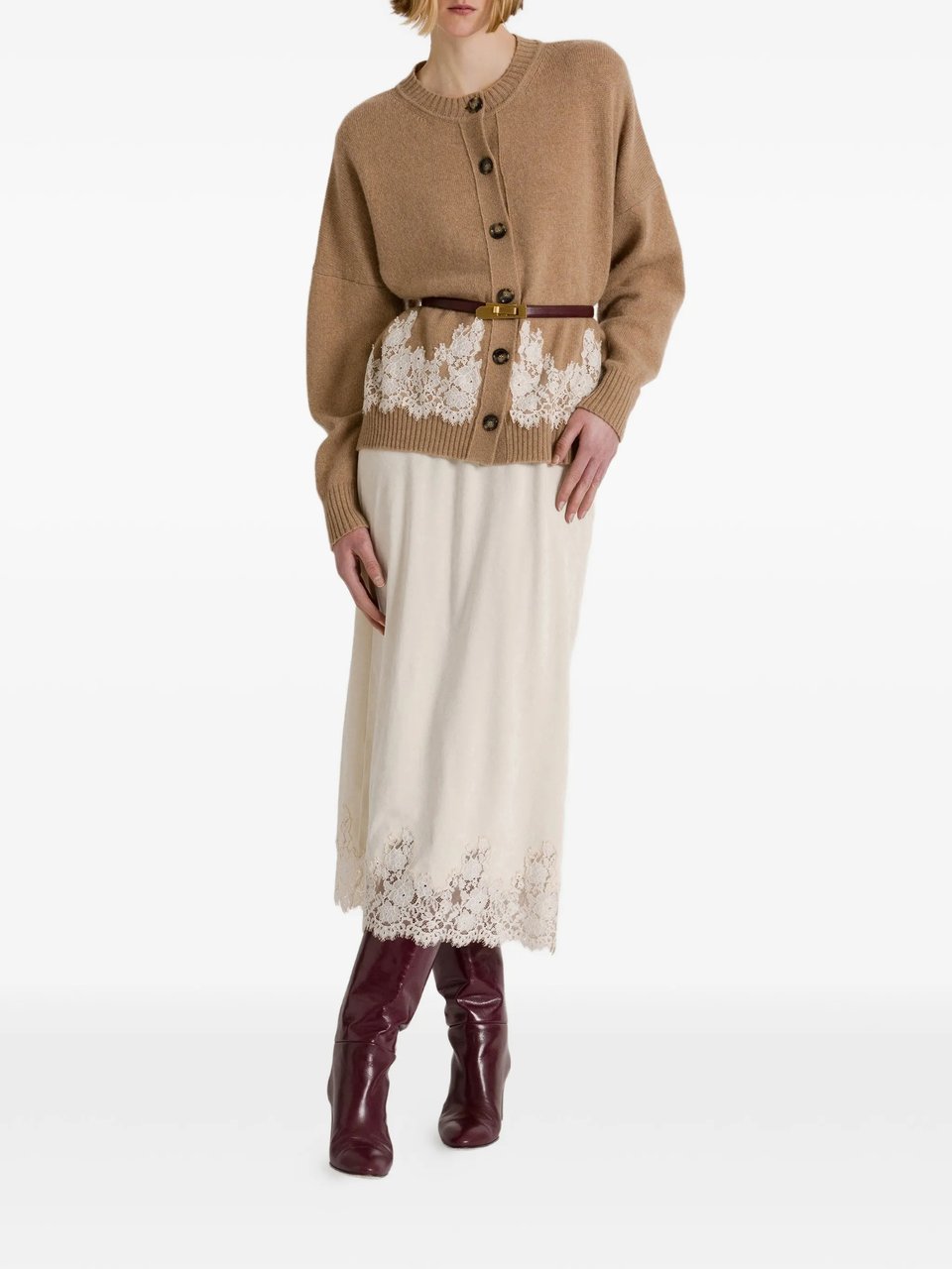 Alberta Ferretti Camel Cashmere Lace Cardigan Bruin