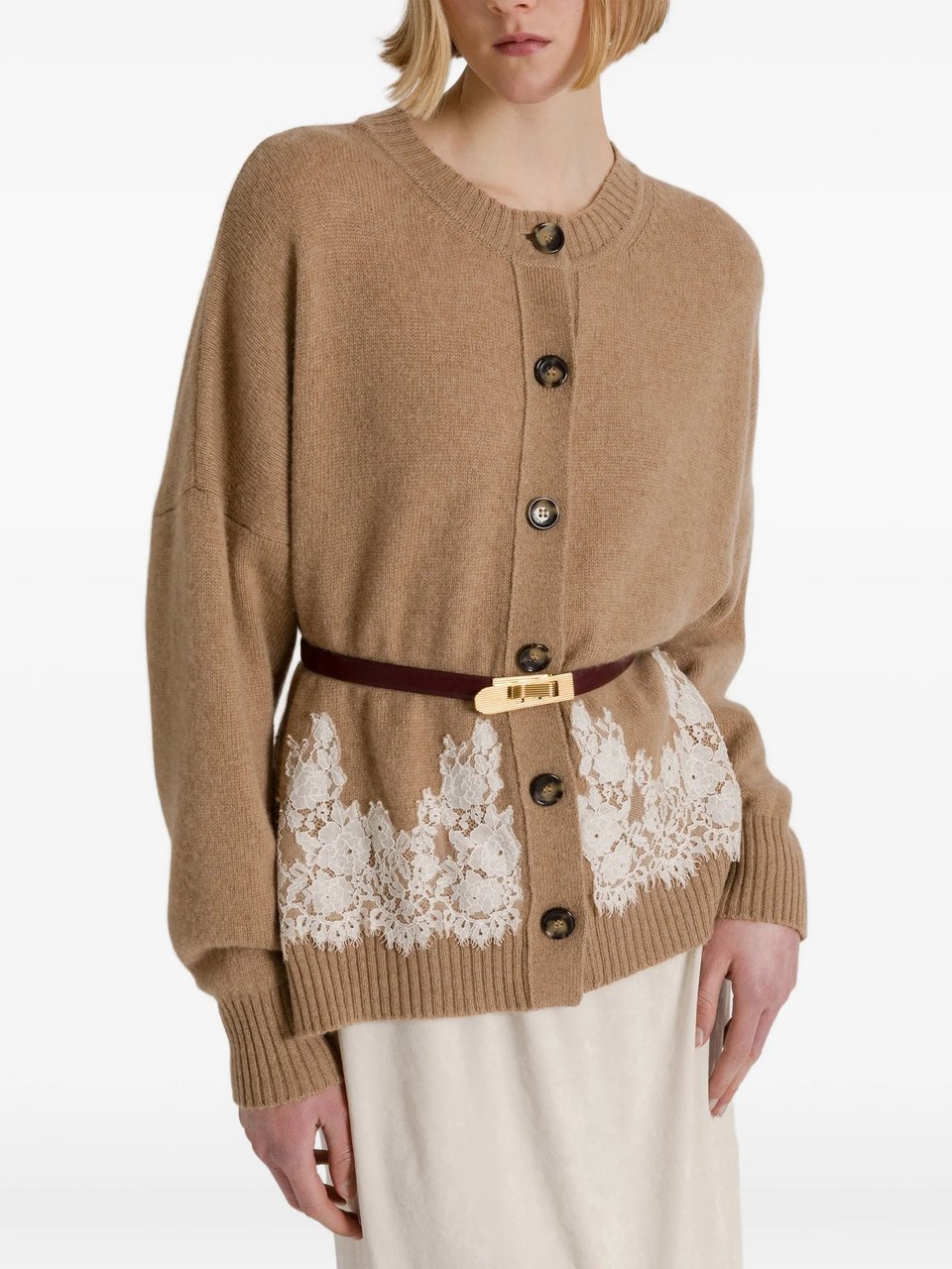 Alberta Ferretti Camel Cashmere Lace Cardigan Bruin