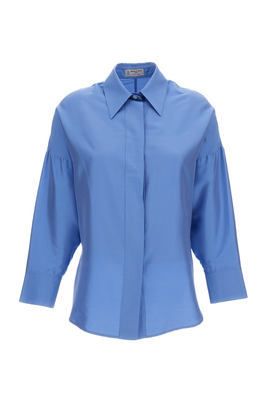 Alberto Biani Oversized Light Blue Silk Shirt Blauw