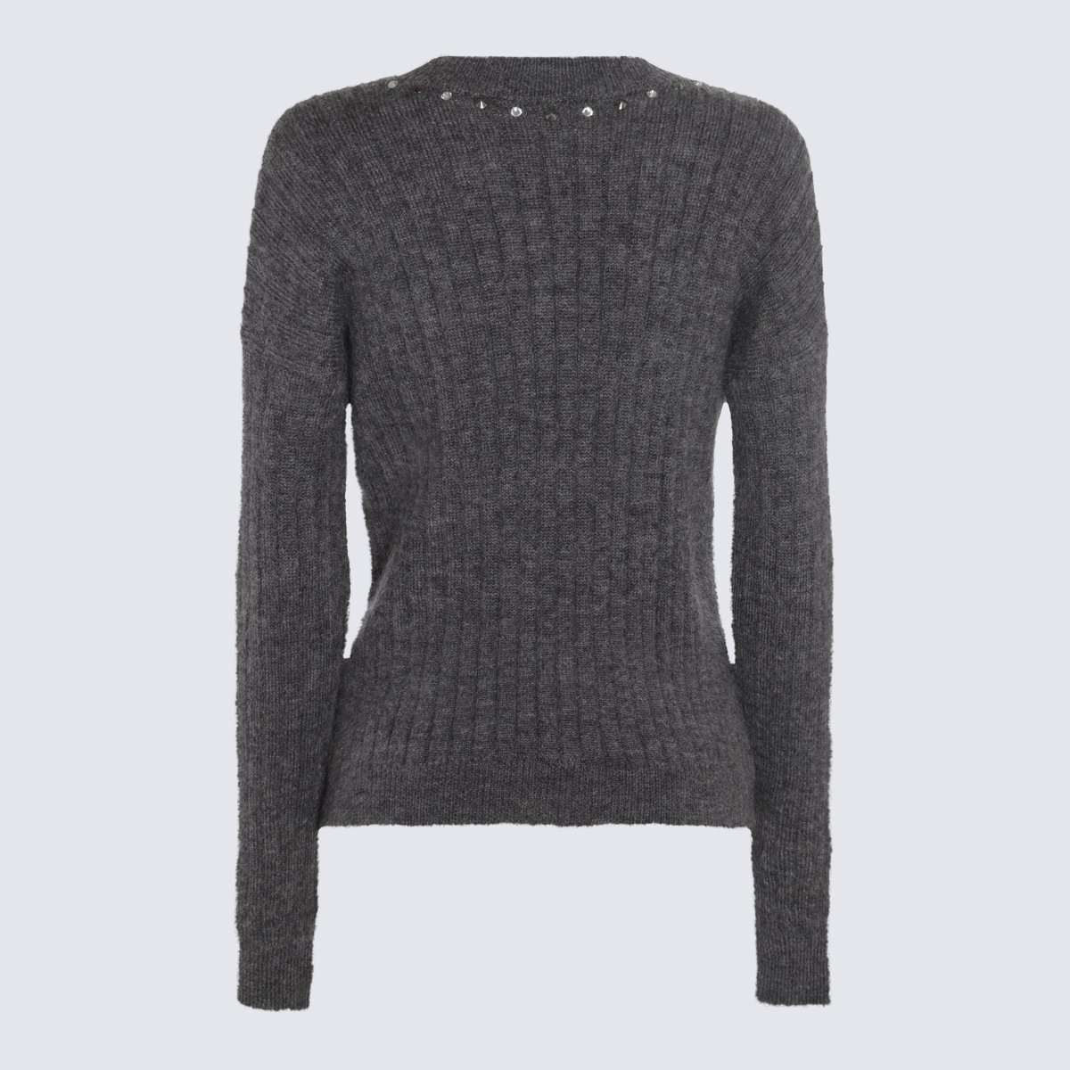 Alessandra Rich Deep V-Neck Ribbed Sweater With Metallic Stud Details Grijs