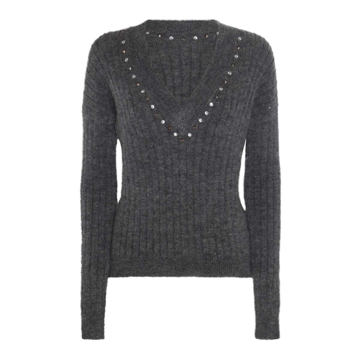Alessandra Rich Deep V-Neck Ribbed Sweater With Metallic Stud Details Grijs