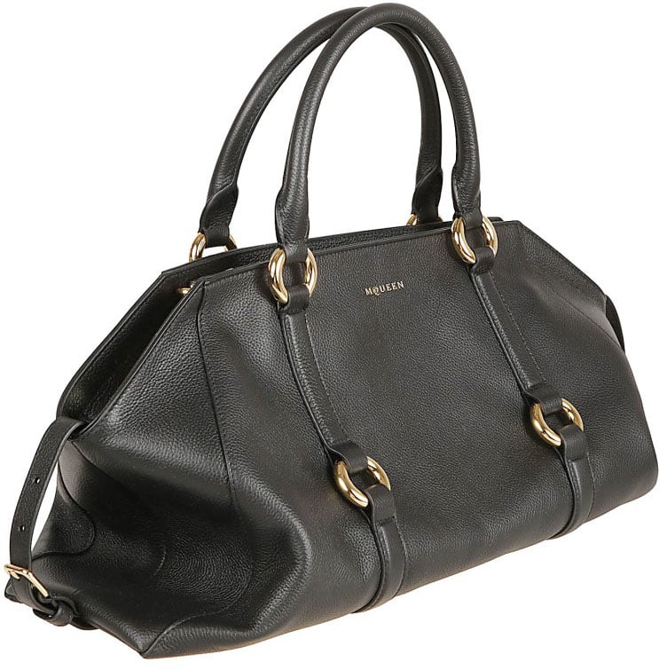 Alexander McQueen Elongated Black Calfskin Farringdon Bag With Gold Accents Grijs