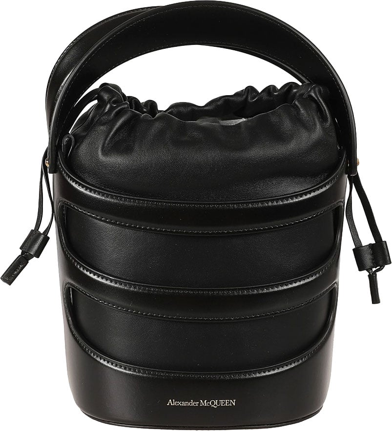 Alexander McQueen Structured Black Leather Bag With Drawstring Closure Zwart