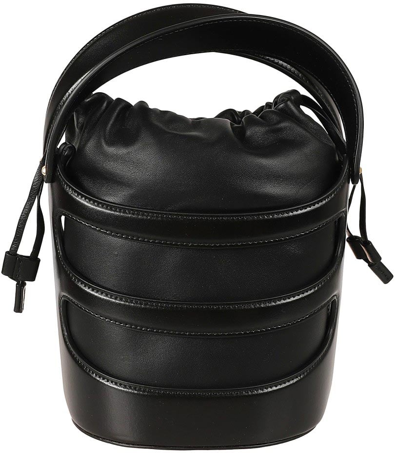 Alexander McQueen Structured Black Leather Bag With Drawstring Closure Zwart