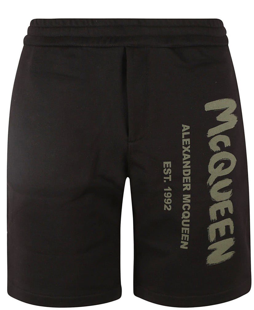 Alexander McQueen Relaxed Fit Black Graphic Print Shorts Zwart