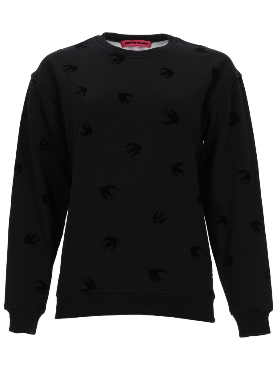 Alexander McQueen Relaxed Fit Black Sweatshirt with Tonal Bird Motifs Zwart
