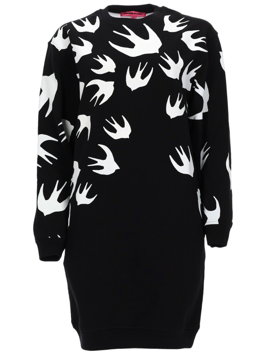 Alexander McQueen Relaxed Fit Black Mini Dress with Graphic Bird Print Zwart