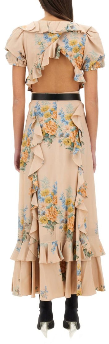 Alexander McQueen Floral Print Ruched Silk Dress Neutraal
