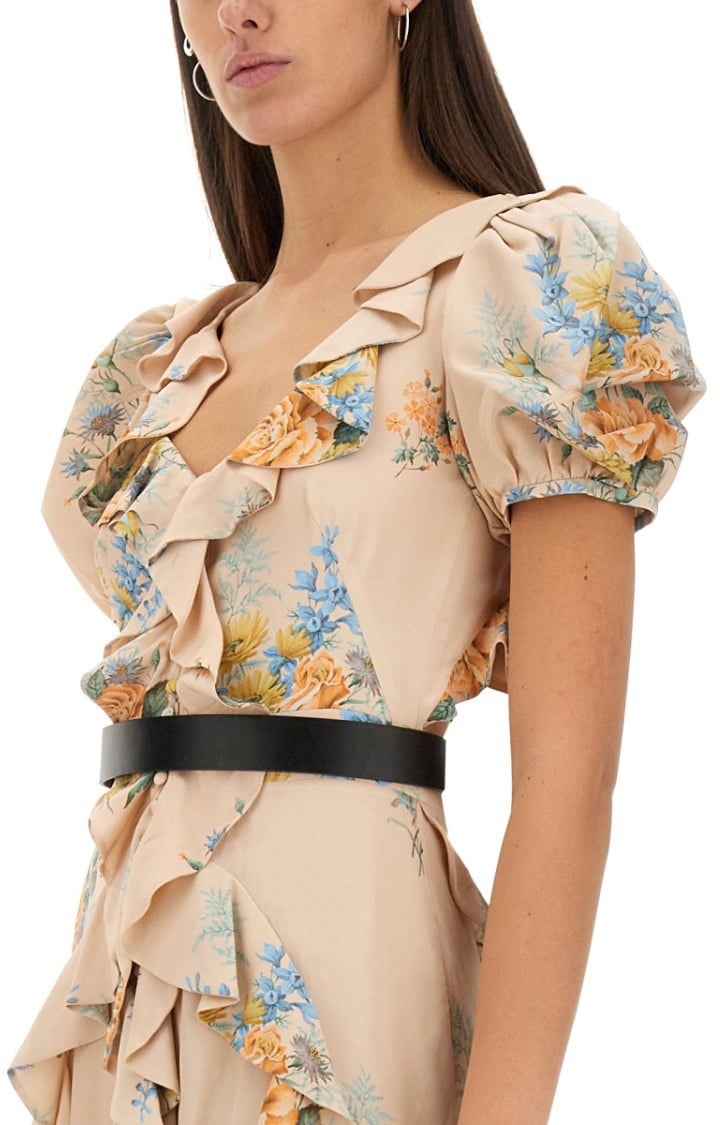 Alexander McQueen Floral Print Ruched Silk Dress Neutraal